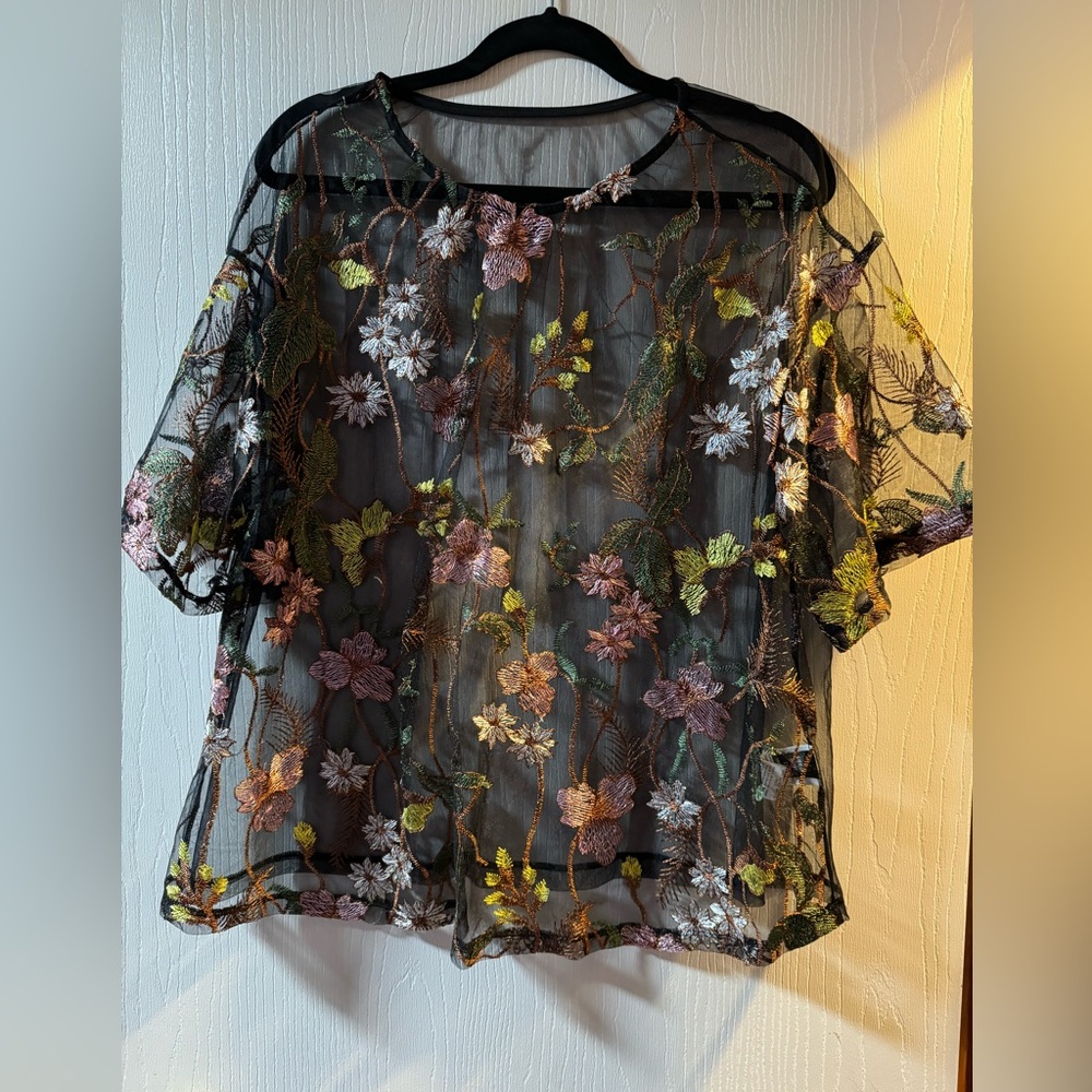 Women's Floral Embroidery Mesh Sheer Top